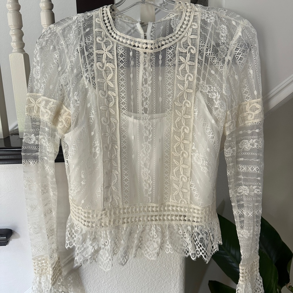 SAYLOR Cream Lace Blouse with Mandarin Collar and Peplum